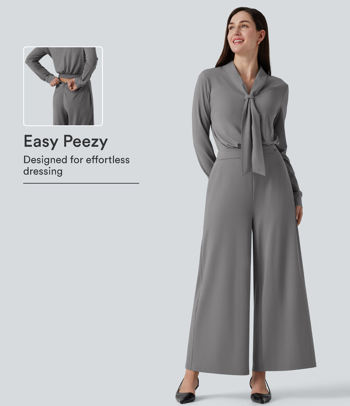 V Neck Long Sleeve Wide Leg Work Jumpsuit with Pockets-Edition — Ultimate Gray — view 1