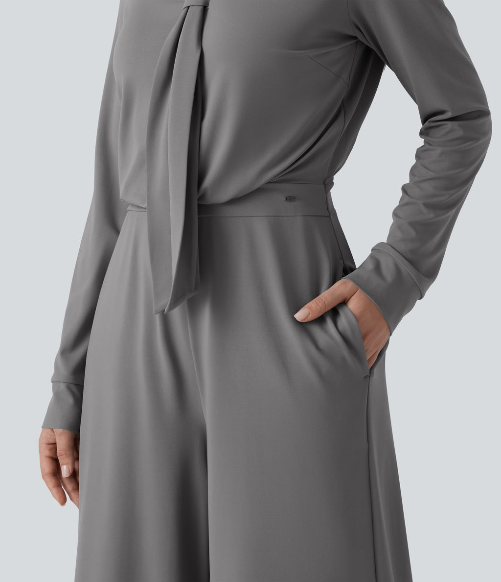 V Neck Long Sleeve Wide Leg Work Jumpsuit with Pockets-Edition — Ultimate Gray — view 6