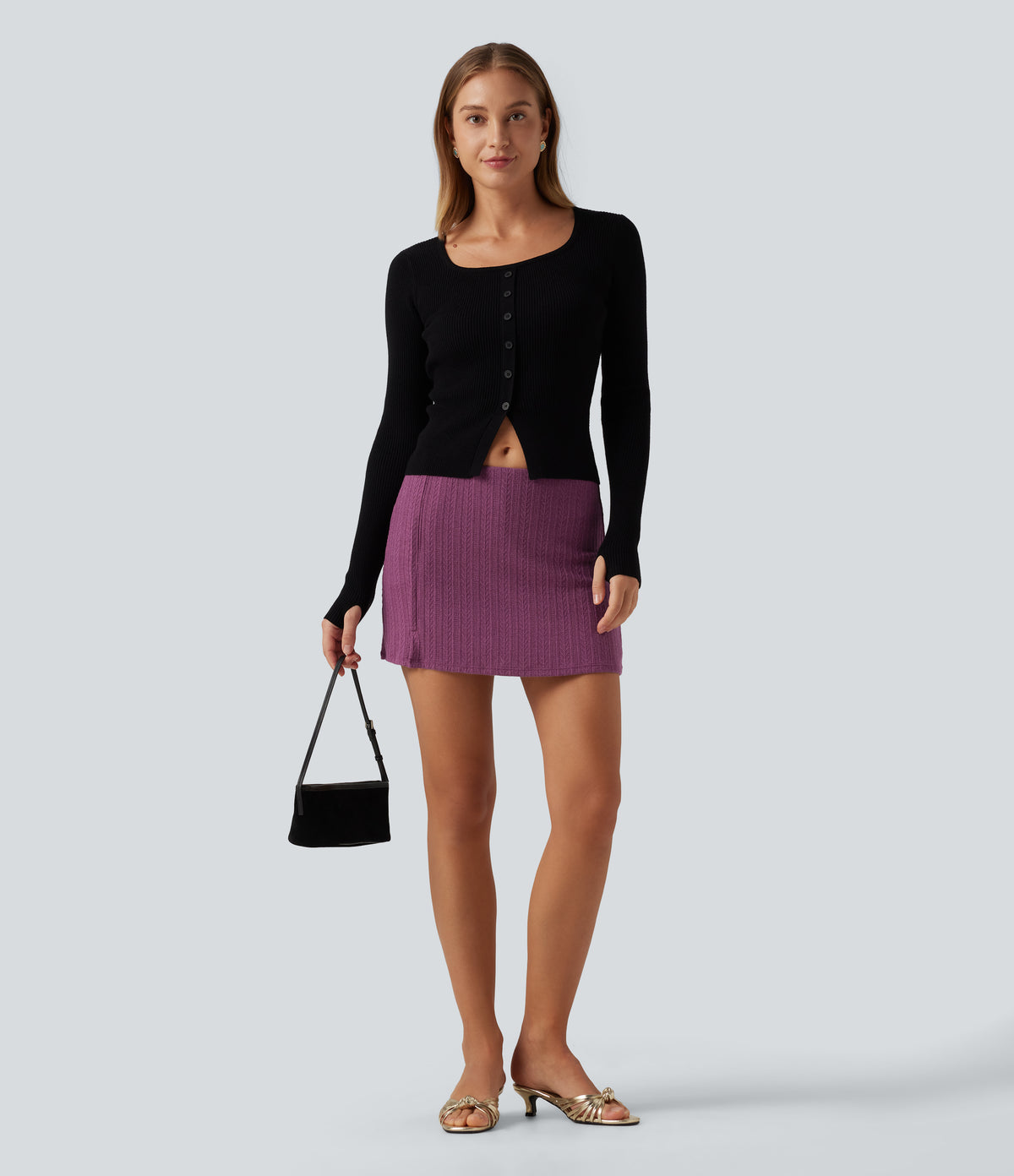 Low Rise A-Line Party Mini Skirt with Built-in Shorts — Crisp Maroon Knit — view 7