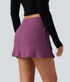 Low Rise A-Line Party Mini Skirt with Built-in Shorts — Crisp Maroon Knit — view 2