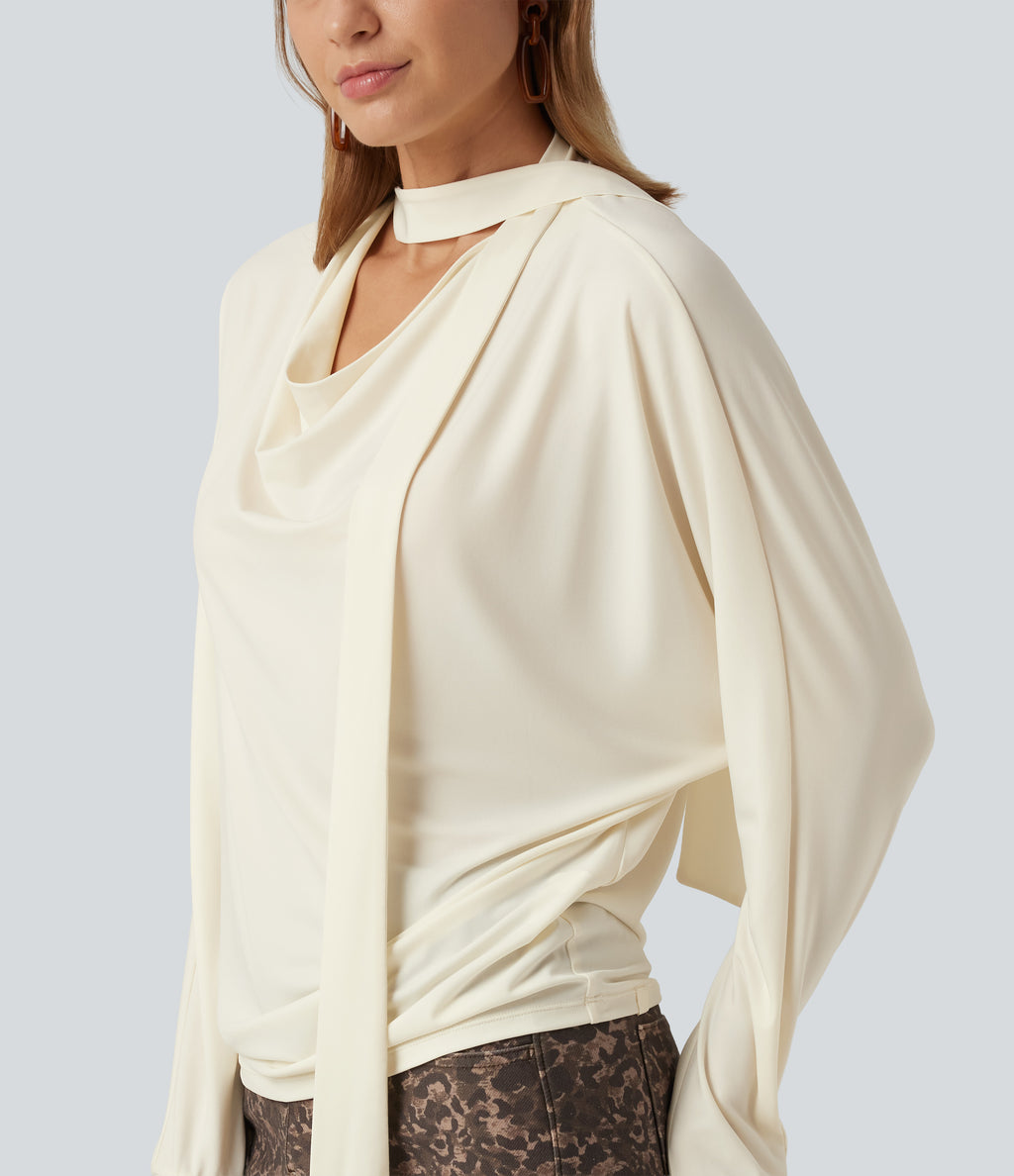Cowl Neck Long Sleeve Work Top with Scarf — Halo Linen — view 5