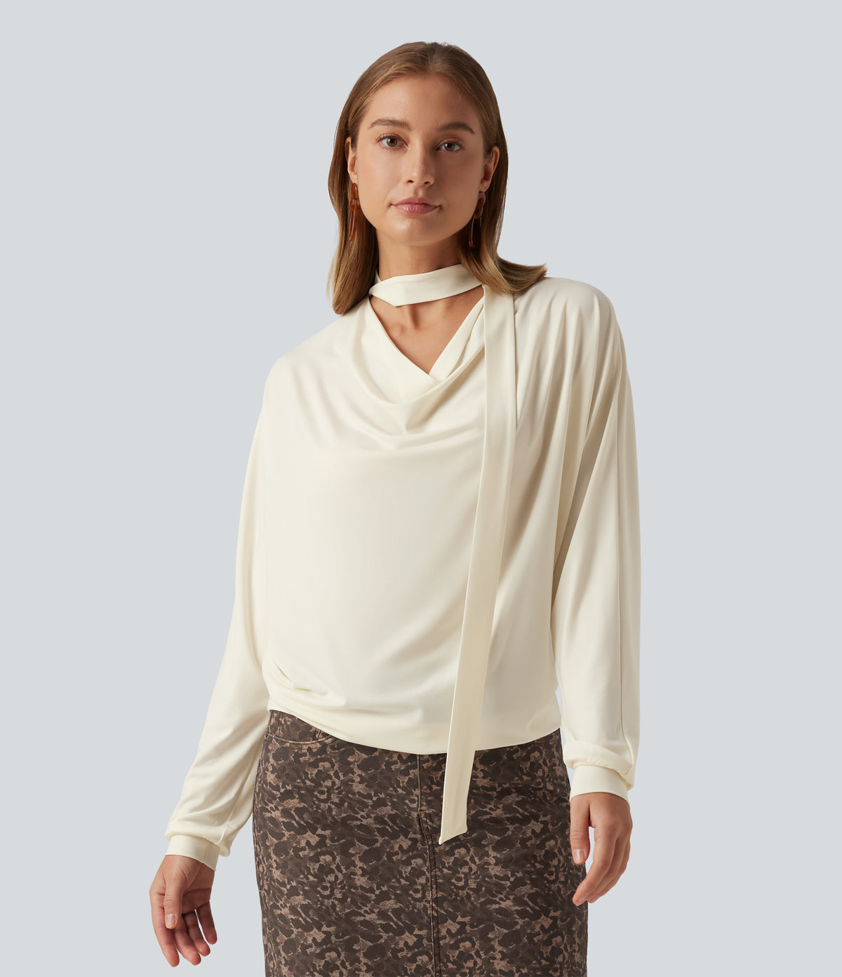 Cowl Neck Long Sleeve Work Top with Scarf — Halo Linen — view 1
