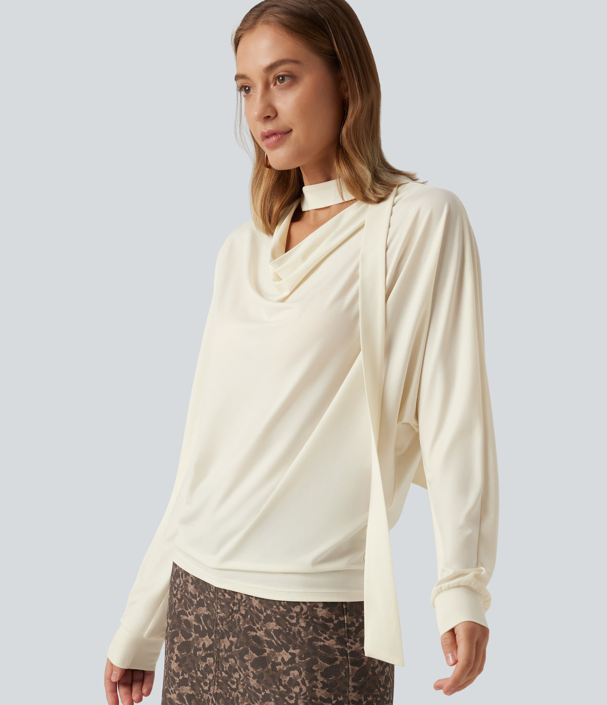 Cowl Neck Long Sleeve Work Top with Scarf — Halo Linen — view 4