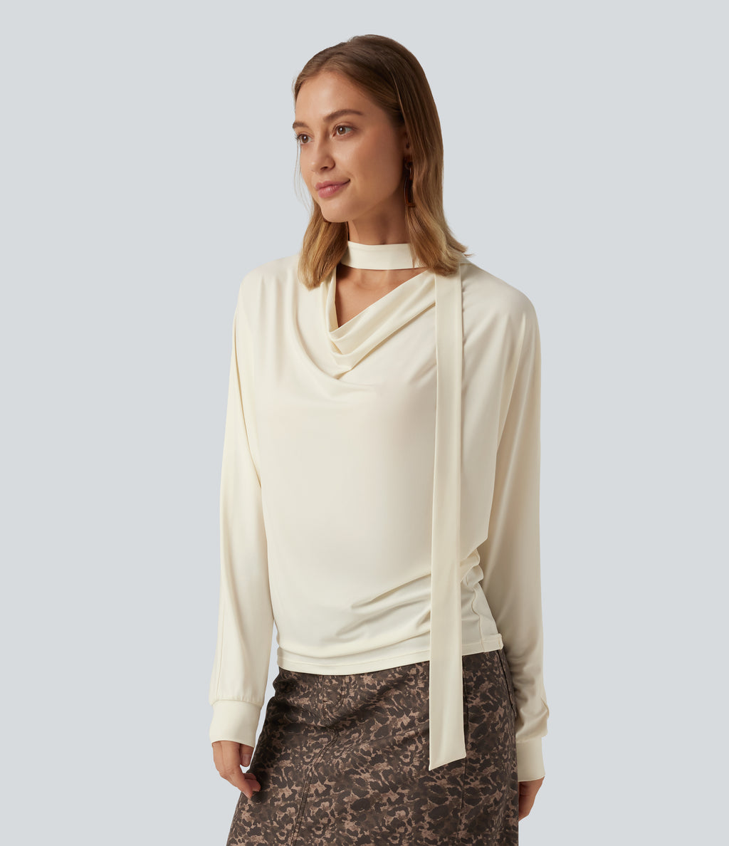 Cowl Neck Long Sleeve Work Top with Scarf — Halo Linen — view 3