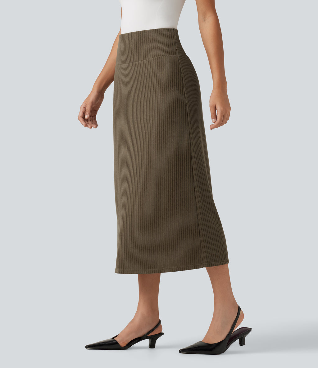 Ribbed Knit High Waisted Casual Midi Skirt — Chestnut Brown — view 3