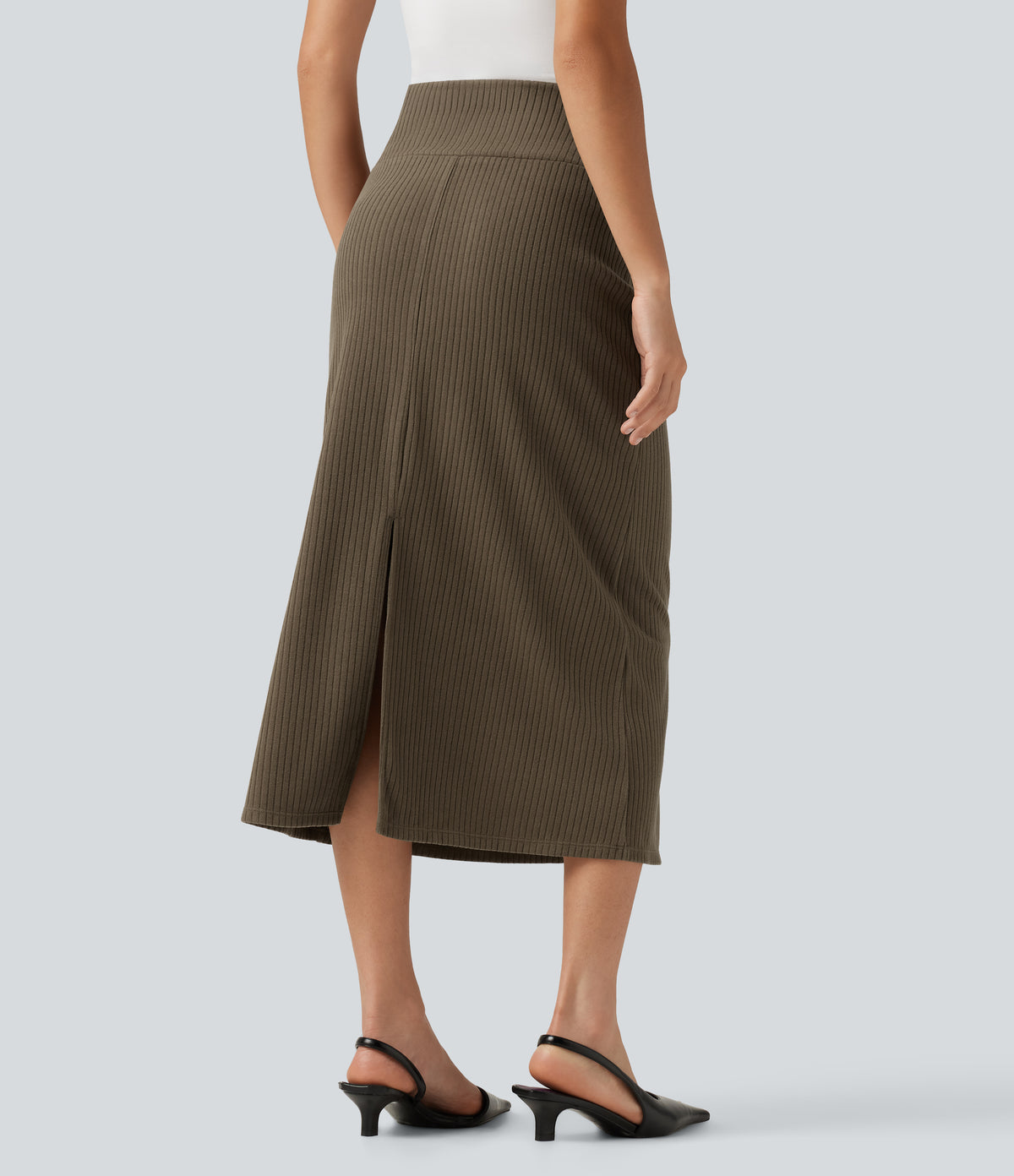 Ribbed Knit High Waisted Casual Midi Skirt — Chestnut Brown — view 2