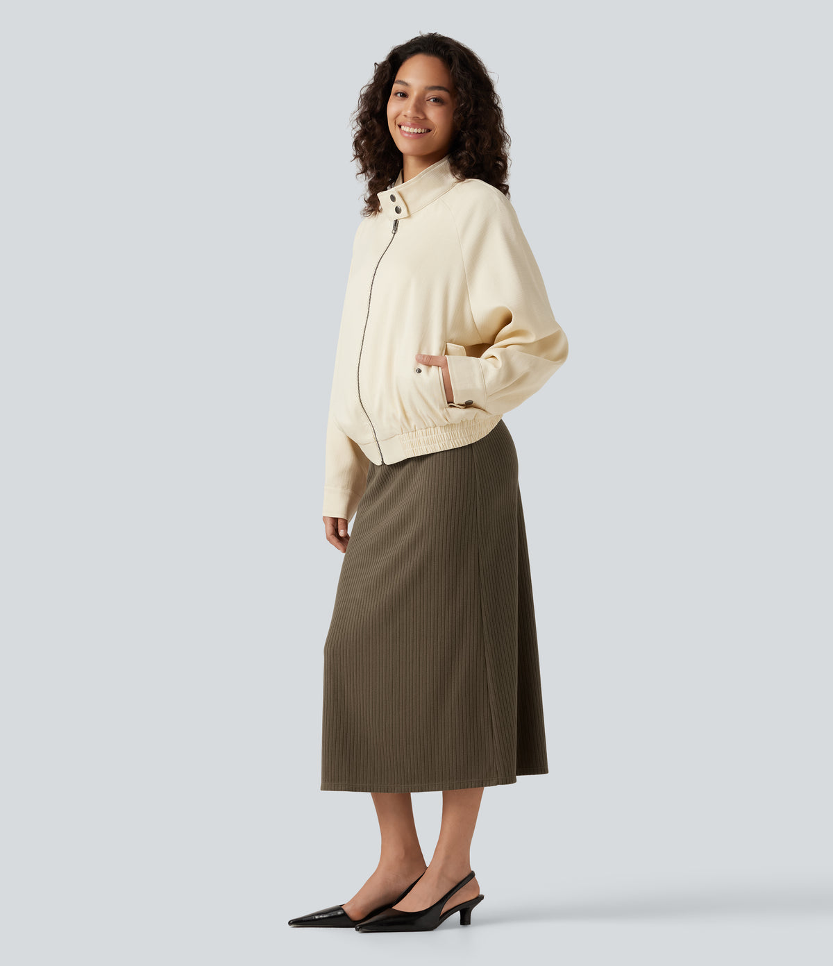 Ribbed Knit High Waisted Casual Midi Skirt — Chestnut Brown — view 6