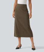 Ribbed Knit High Waisted Casual Midi Skirt — Chestnut Brown — view 1