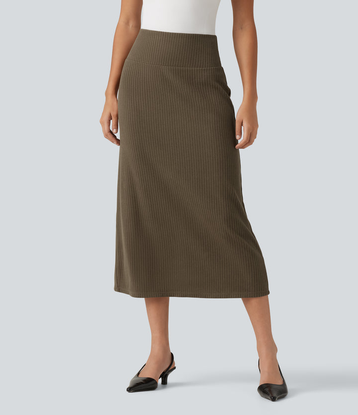 Ribbed Knit High Waisted Casual Midi Skirt — Chestnut Brown — view 1