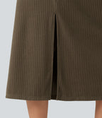 Ribbed Knit High Waisted Casual Midi Skirt — Chestnut Brown — view 5