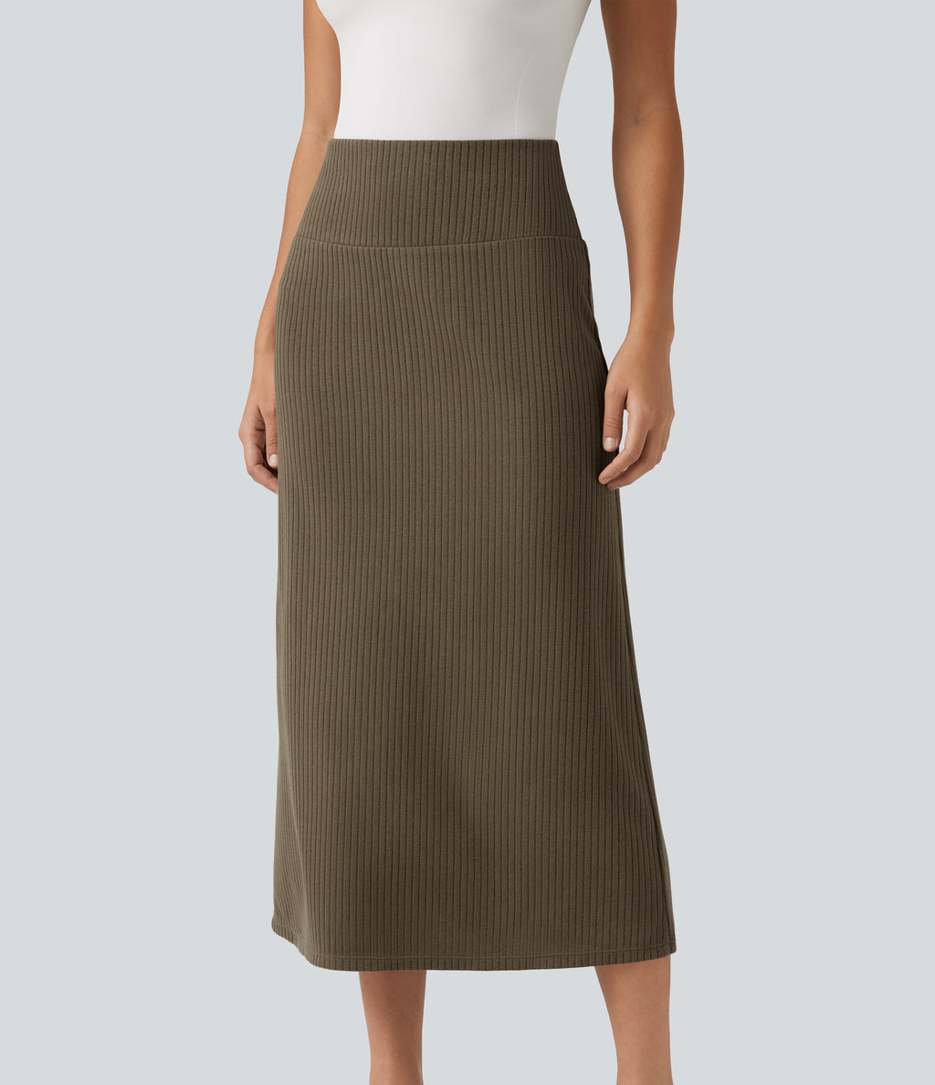 Ribbed Knit High Waisted Casual Midi Skirt — Chestnut Brown — view 4