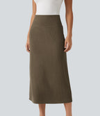 Ribbed Knit High Waisted Casual Midi Skirt — Chestnut Brown — view 4