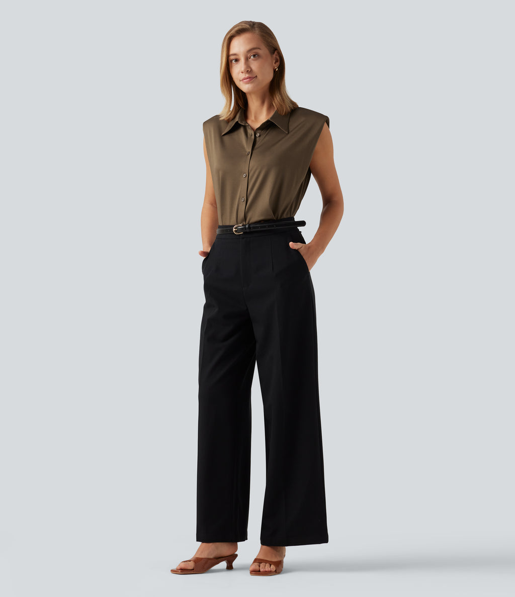 Sleeveless Button Up Boxy Work Shirt — Cocoa Grain — view 6