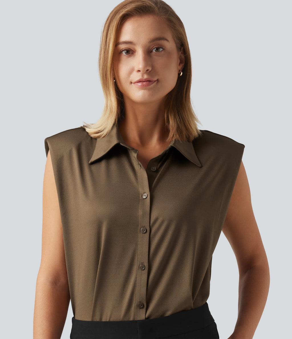 Sleeveless Button Up Boxy Work Shirt — Cocoa Grain — view 4