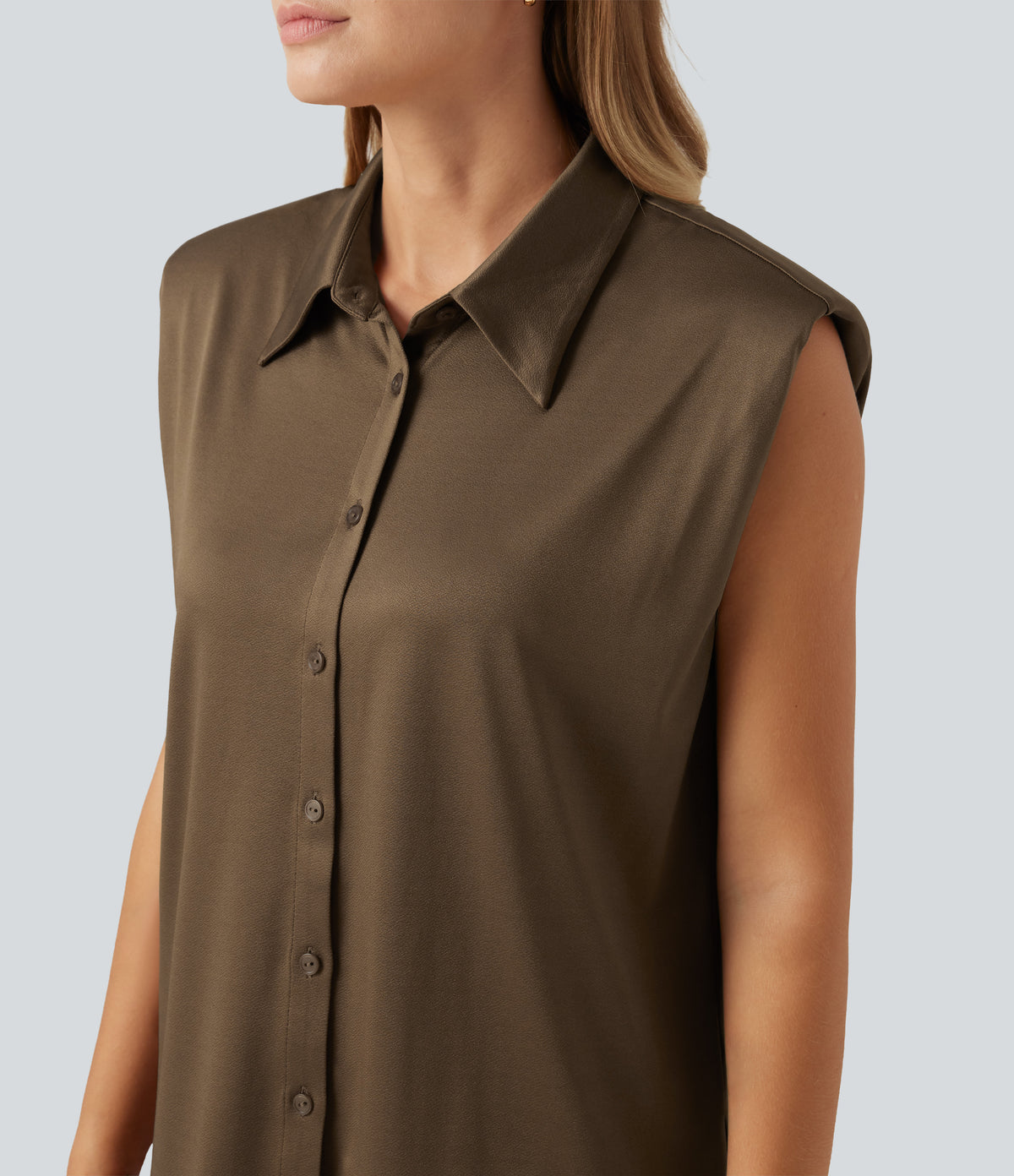 Sleeveless Button Up Boxy Work Shirt — Cocoa Grain — view 5