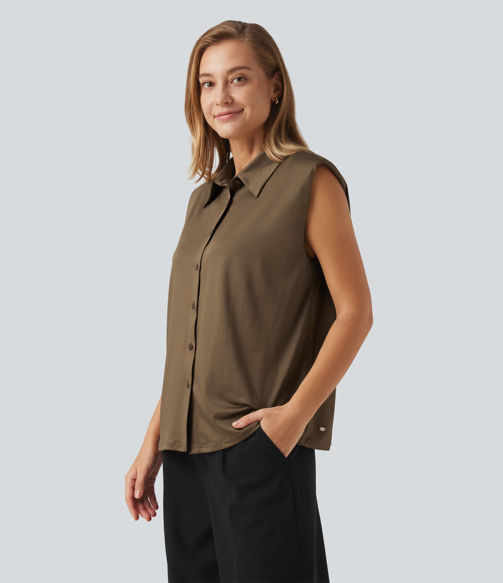 Sleeveless Button Up Boxy Work Shirt — Cocoa Grain — view 3