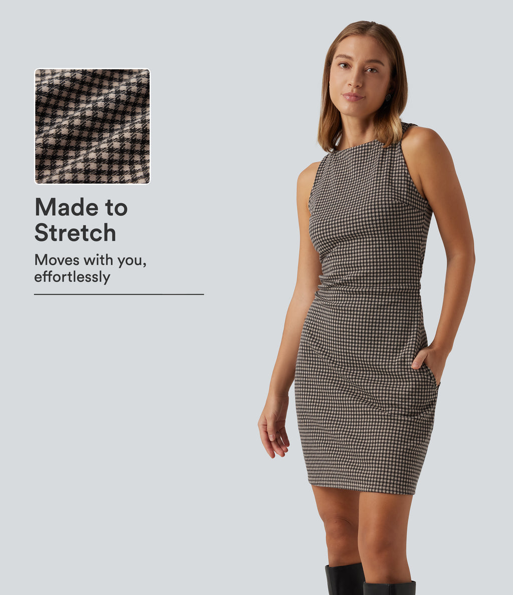 Boat Neck Sleeveless Gingham Casual Mini Dress with Pockets — Latte Night Grid — view 1