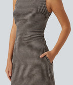 Boat Neck Sleeveless Gingham Casual Mini Dress with Pockets — Latte Night Grid — view 5