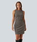 Boat Neck Sleeveless Gingham Casual Mini Dress with Pockets — Latte Night Grid — view 3