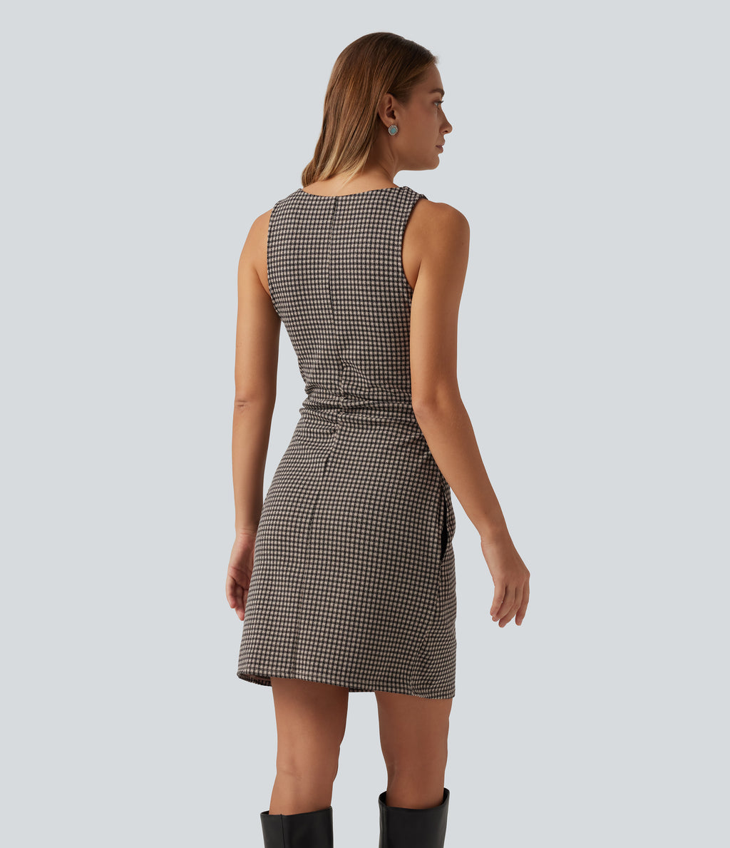 Boat Neck Sleeveless Gingham Casual Mini Dress with Pockets — Latte Night Grid — view 2