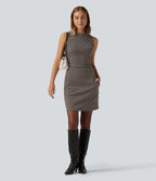 Boat Neck Sleeveless Gingham Casual Mini Dress with Pockets — Latte Night Grid — view 6