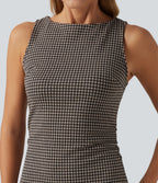 Boat Neck Sleeveless Gingham Casual Mini Dress with Pockets — Latte Night Grid — view 4