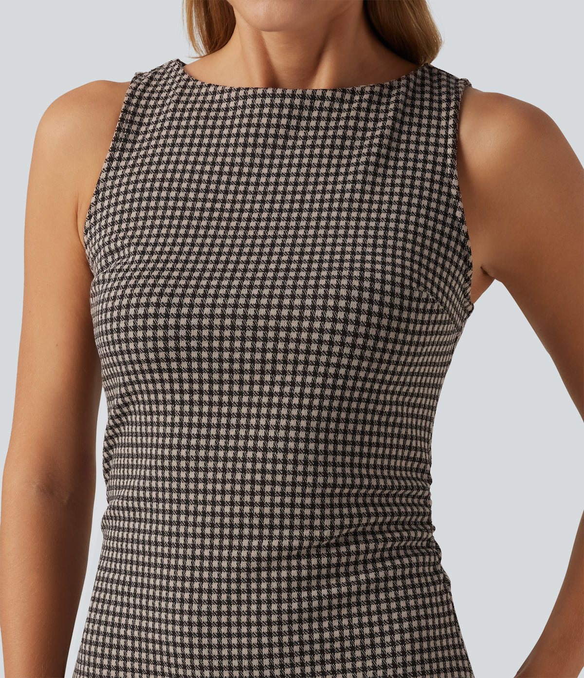 Boat Neck Sleeveless Gingham Casual Mini Dress with Pockets — Latte Night Grid — view 4