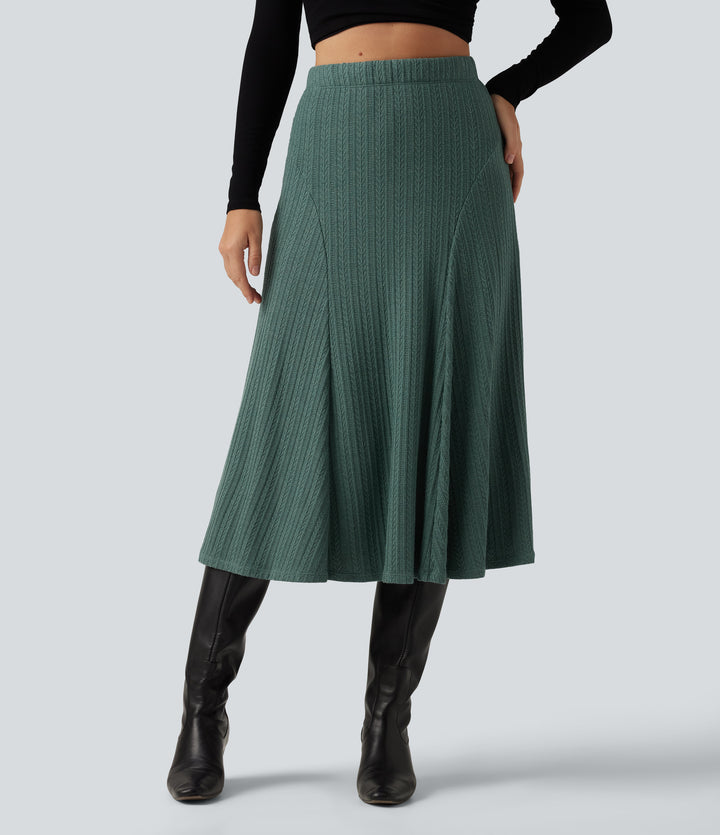 Cable Knit High Waisted A Line Party Midi Skirt — Rosemary Knit — view 1