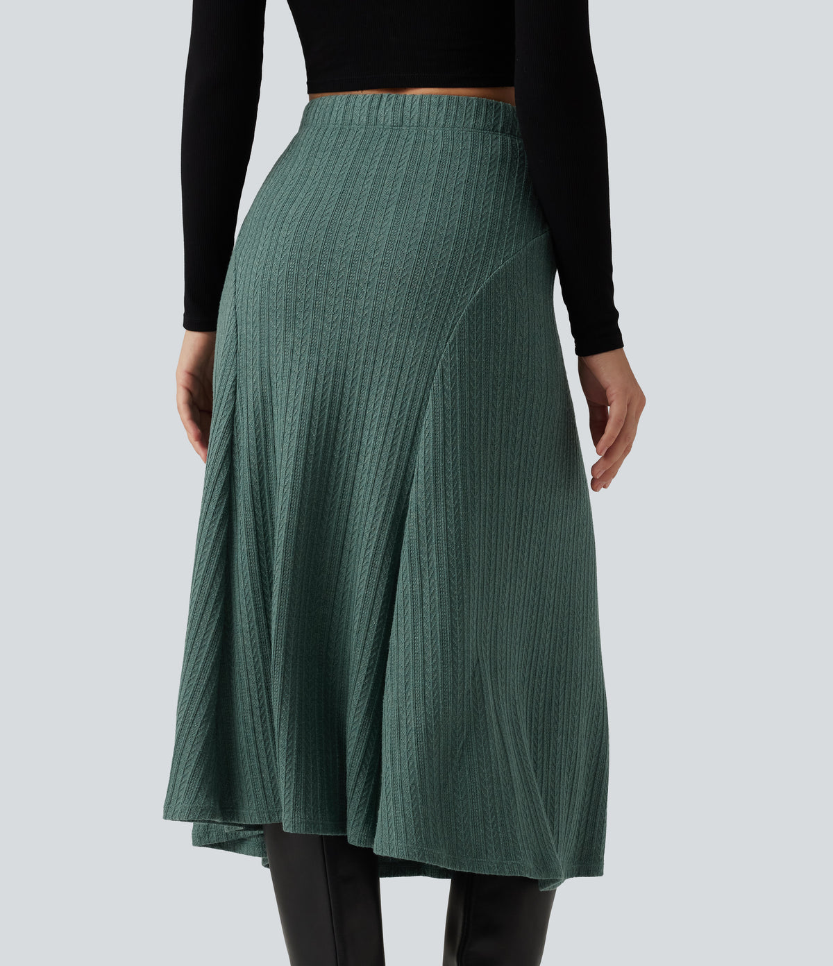 Cable Knit High Waisted A Line Party Midi Skirt — Rosemary Knit — view 5