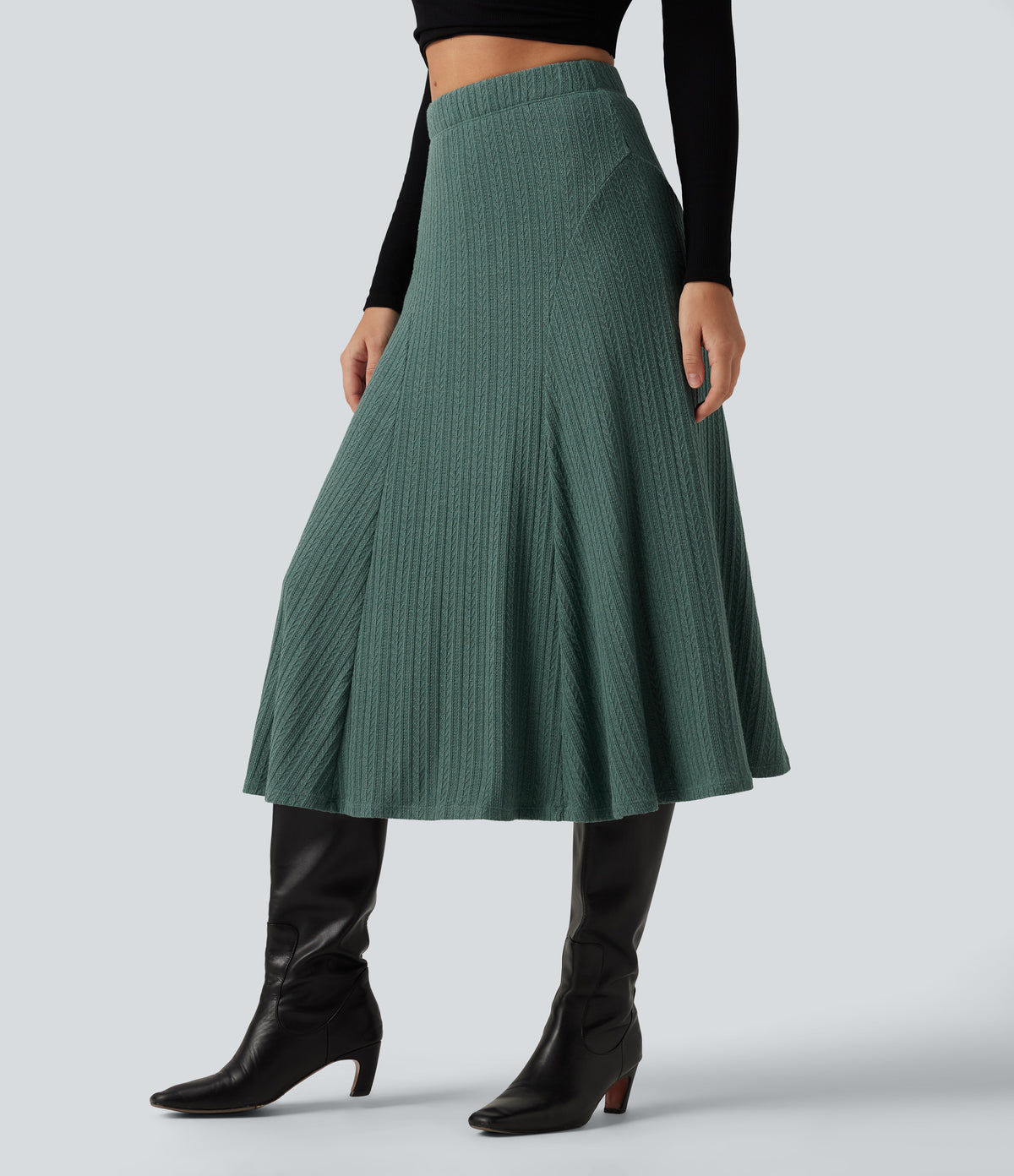 Cable Knit High Waisted A Line Party Midi Skirt — Rosemary Knit — view 3