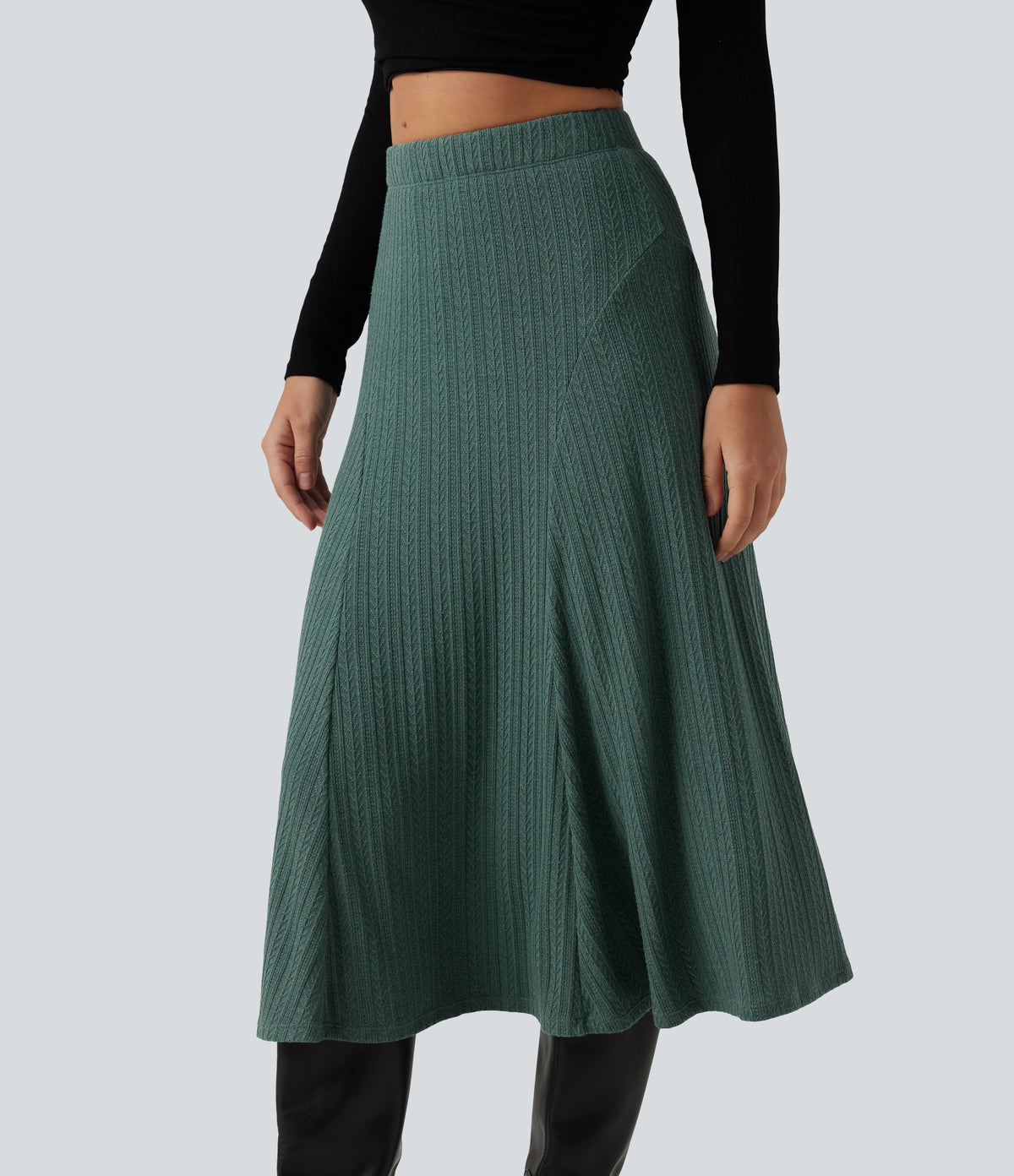 Cable Knit High Waisted A Line Party Midi Skirt — Rosemary Knit — view 4