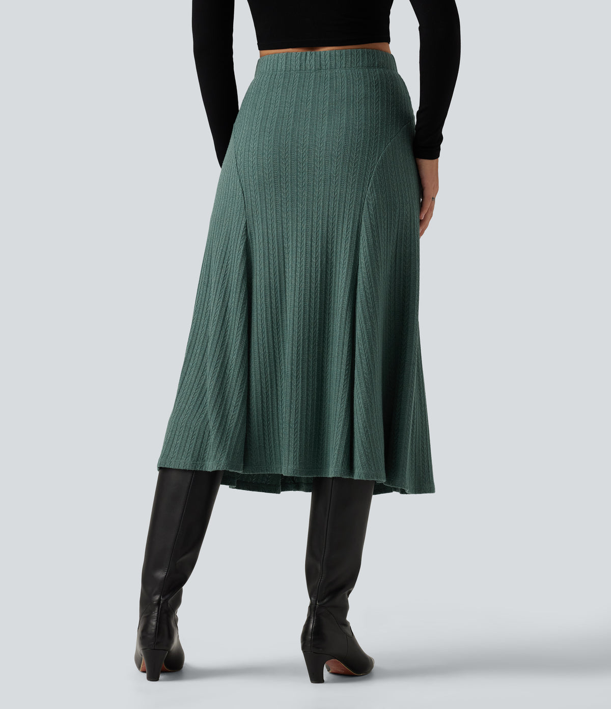 Cable Knit High Waisted A Line Party Midi Skirt — Rosemary Knit — view 2