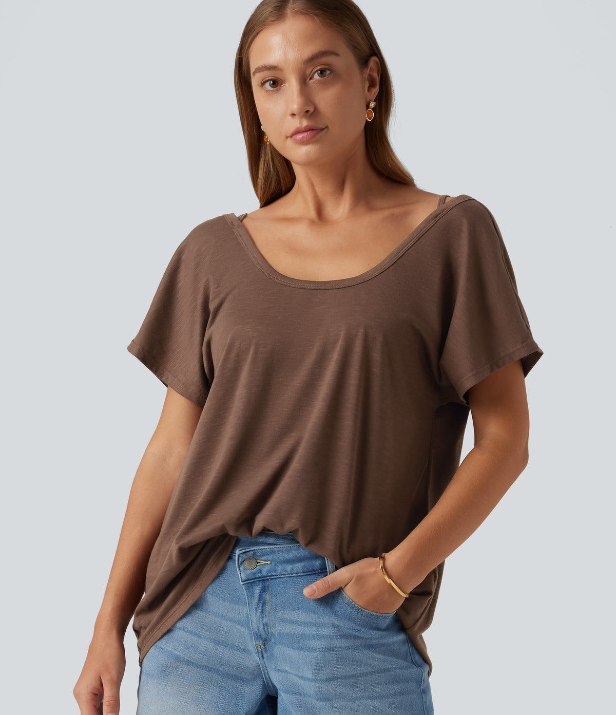 U Neck Relaxed Casual Tank Top — Camellia Brown — view 2