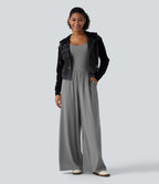 U Neck Long Sleeve Thumb Hole Wide Leg Ruched Casual Jumpsuit with Built-in Bra and Pockets -Edition — Ultimate Gray — view 8