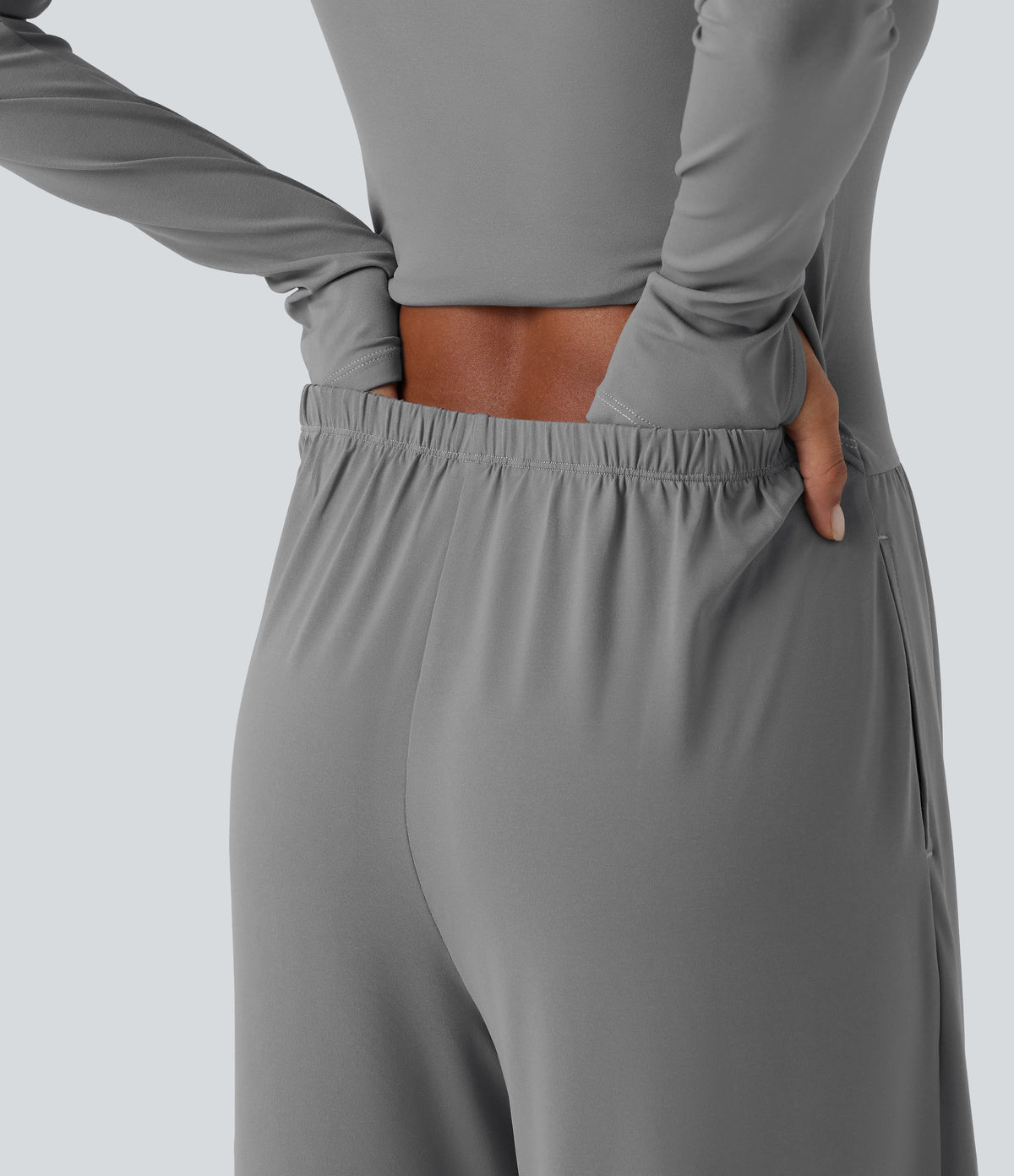 U Neck Long Sleeve Thumb Hole Wide Leg Ruched Casual Jumpsuit with Built-in Bra and Pockets -Edition — Ultimate Gray — view 5
