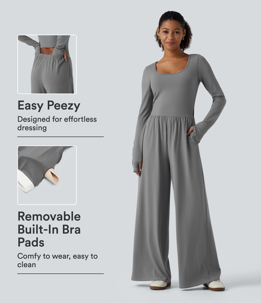 U Neck Long Sleeve Thumb Hole Wide Leg Ruched Casual Jumpsuit with Built-in Bra and Pockets -Edition — Ultimate Gray — view 1