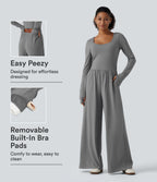 U Neck Long Sleeve Thumb Hole Wide Leg Ruched Casual Jumpsuit with Built-in Bra and Pockets -Edition — Ultimate Gray — view 1