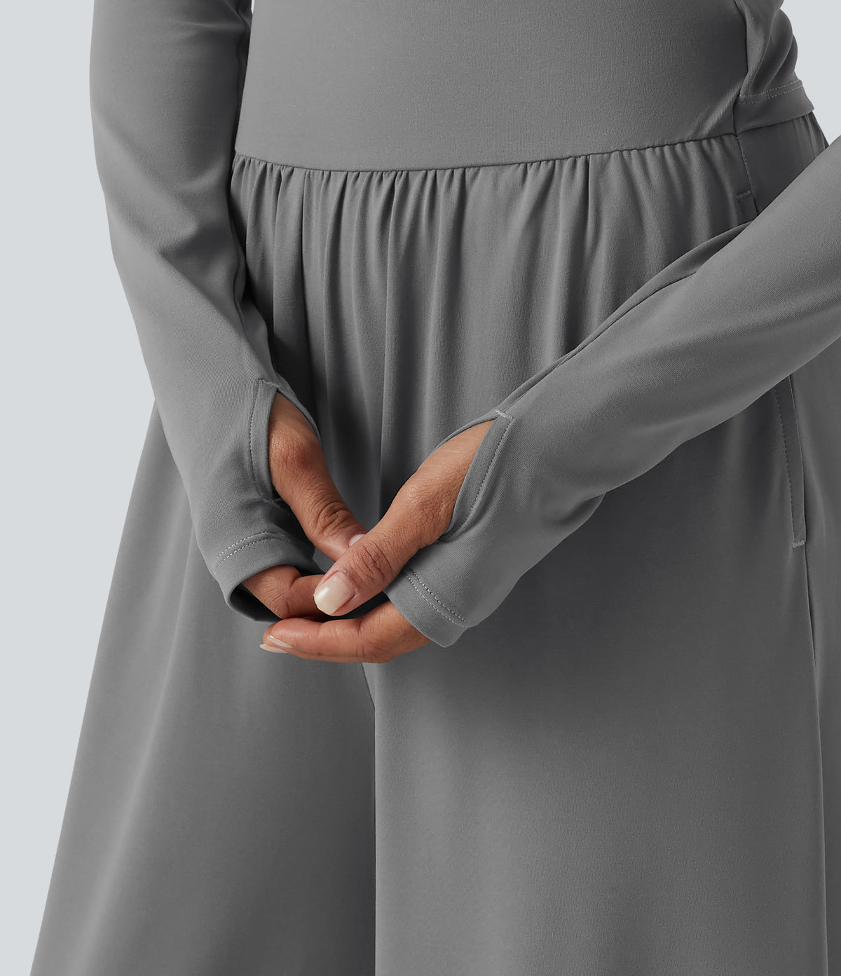 U Neck Long Sleeve Thumb Hole Wide Leg Ruched Casual Jumpsuit with Built-in Bra and Pockets -Edition — Ultimate Gray — view 6
