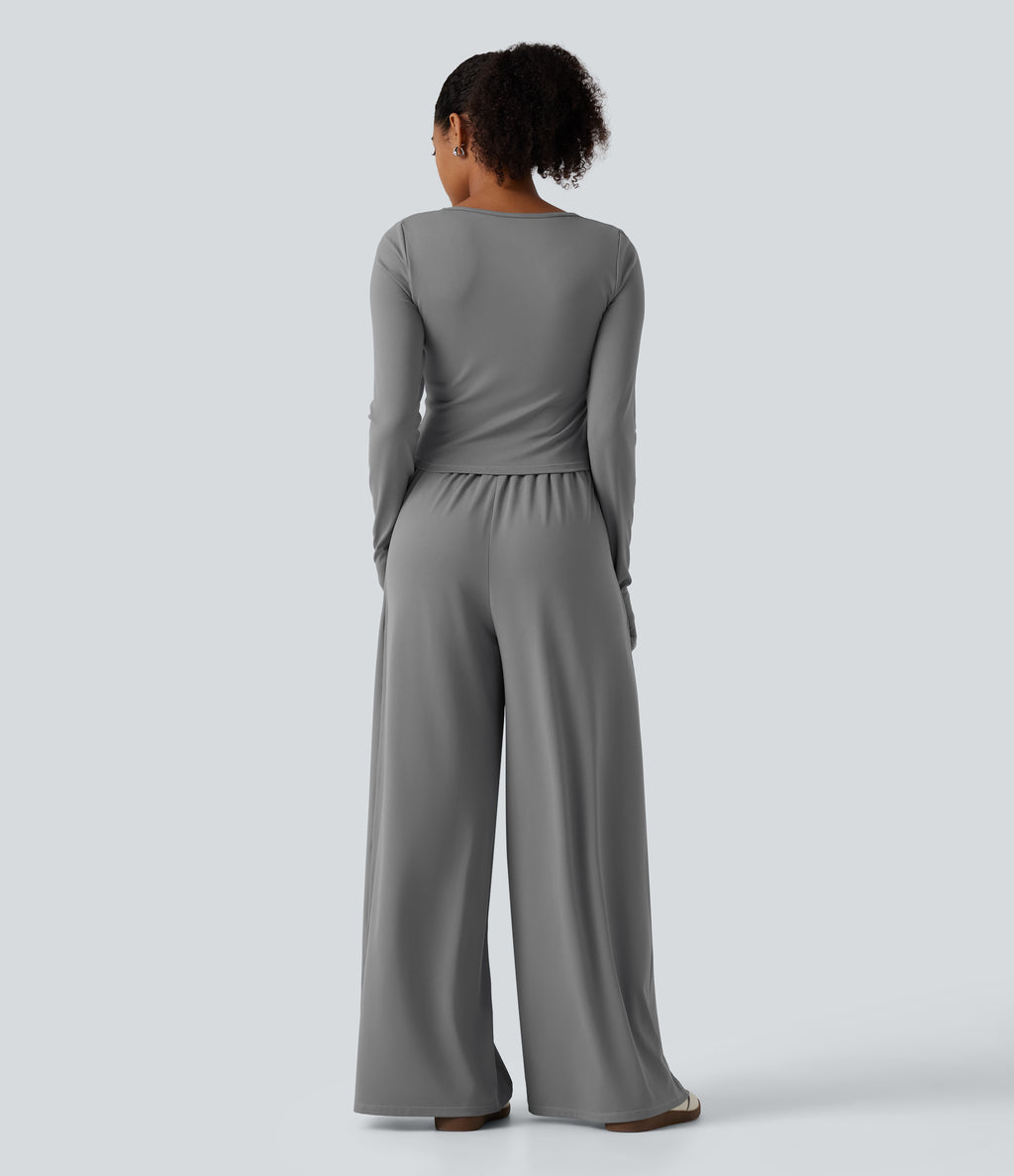 U Neck Long Sleeve Thumb Hole Wide Leg Ruched Casual Jumpsuit with Built-in Bra and Pockets -Edition — Ultimate Gray — view 2