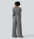 U Neck Long Sleeve Thumb Hole Wide Leg Ruched Casual Jumpsuit with Built-in Bra and Pockets -Edition — Ultimate Gray — view 2