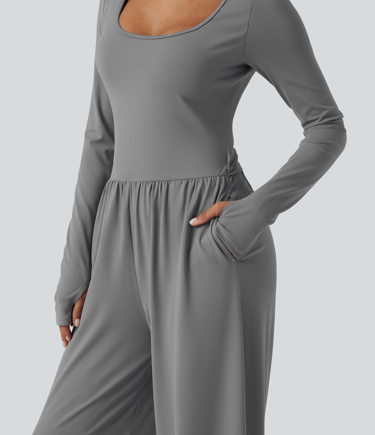 U Neck Long Sleeve Thumb Hole Wide Leg Ruched Casual Jumpsuit with Built-in Bra and Pockets -Edition — Ultimate Gray — view 4