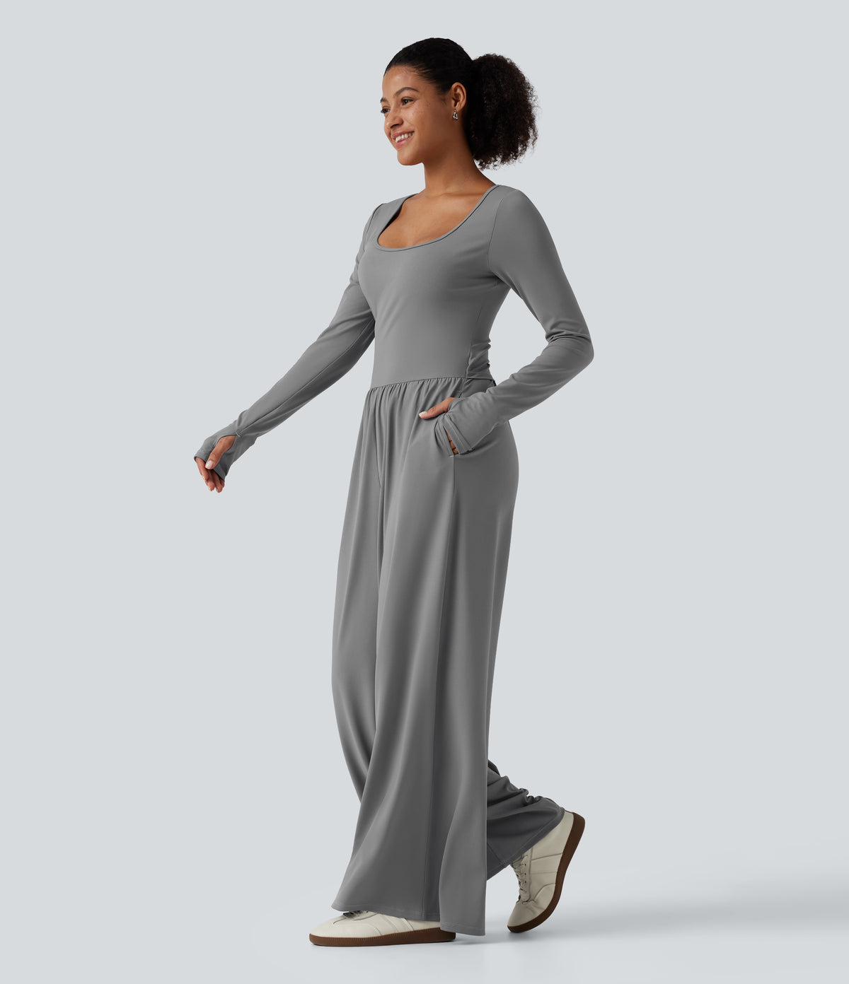 U Neck Long Sleeve Thumb Hole Wide Leg Ruched Casual Jumpsuit with Built-in Bra and Pockets -Edition — Ultimate Gray — view 3