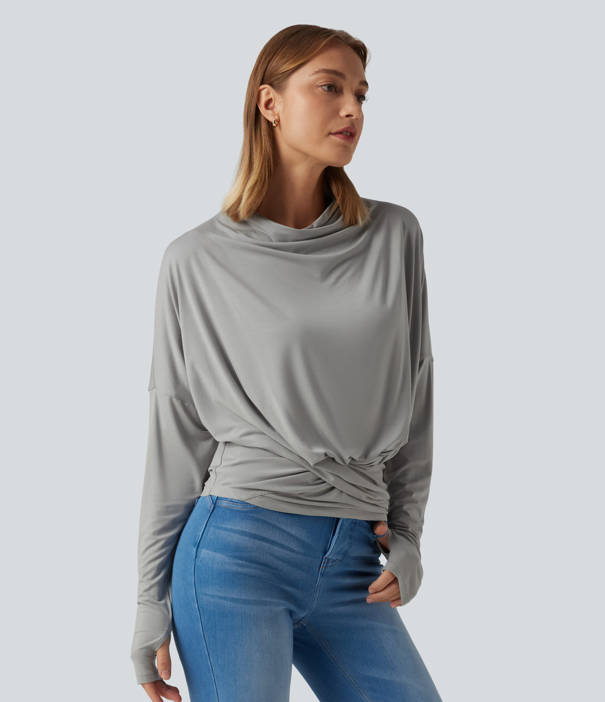 Cowl Neck Long Sleeve Dropped Shoulder Thumb Hole Relaxed Casual Top — Gray Violet — view 3