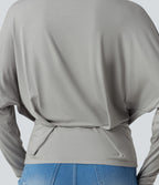 Cowl Neck Long Sleeve Dropped Shoulder Thumb Hole Relaxed Casual Top — Gray Violet — view 5