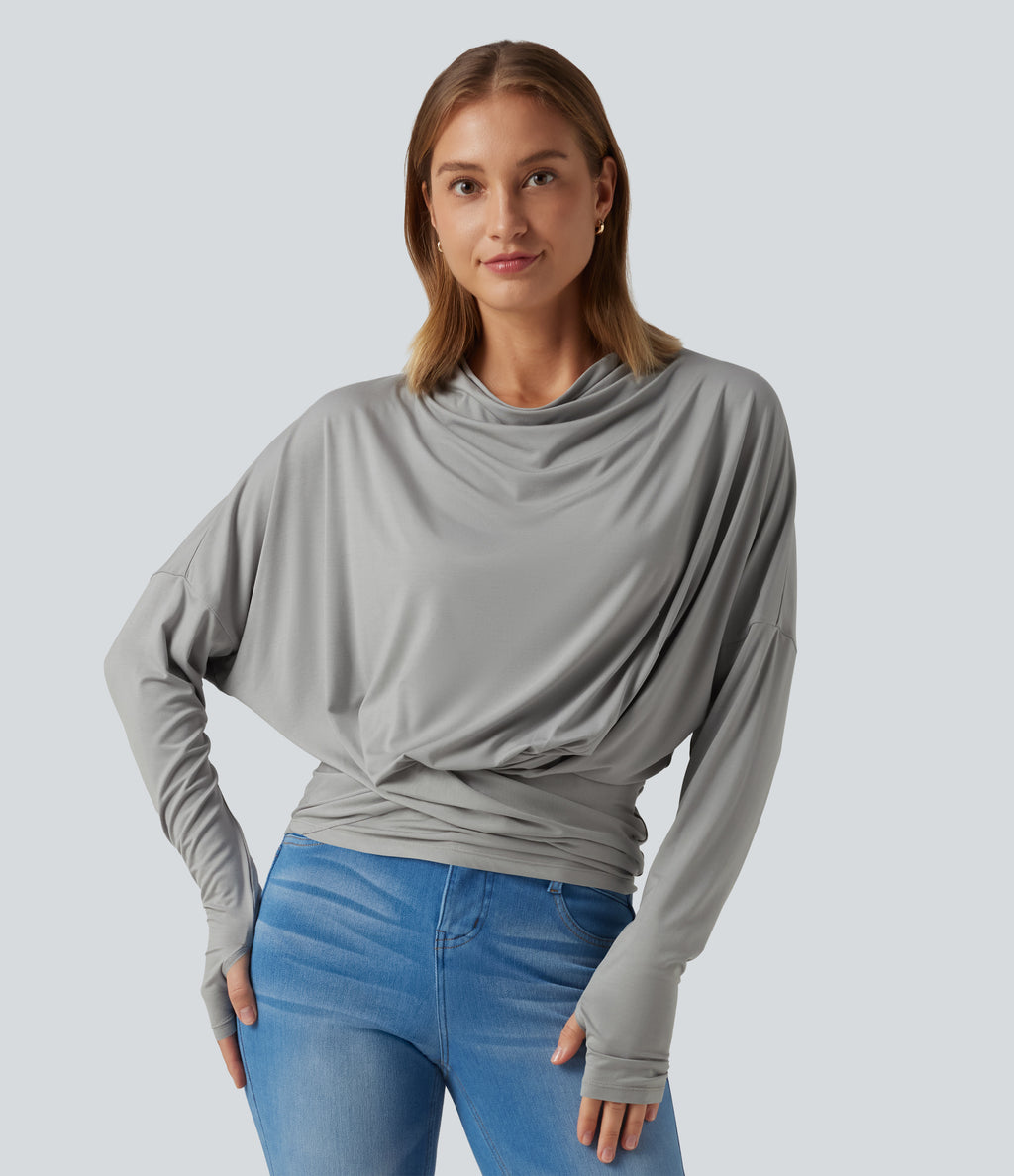 Cowl Neck Long Sleeve Dropped Shoulder Thumb Hole Relaxed Casual Top — Gray Violet — view 4