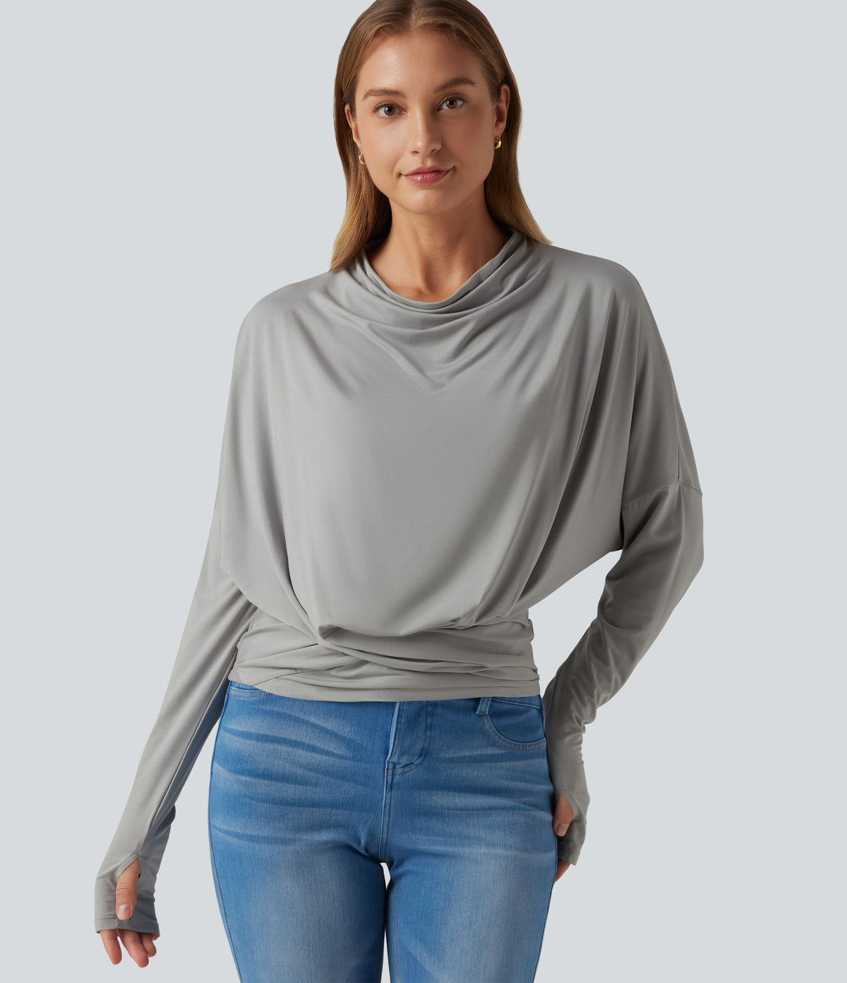 Cowl Neck Long Sleeve Dropped Shoulder Thumb Hole Relaxed Casual Top — Gray Violet — view 1