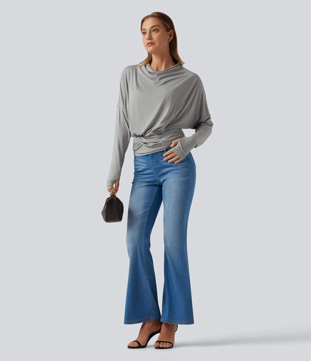 Cowl Neck Long Sleeve Dropped Shoulder Thumb Hole Relaxed Casual Top — Gray Violet — view 8