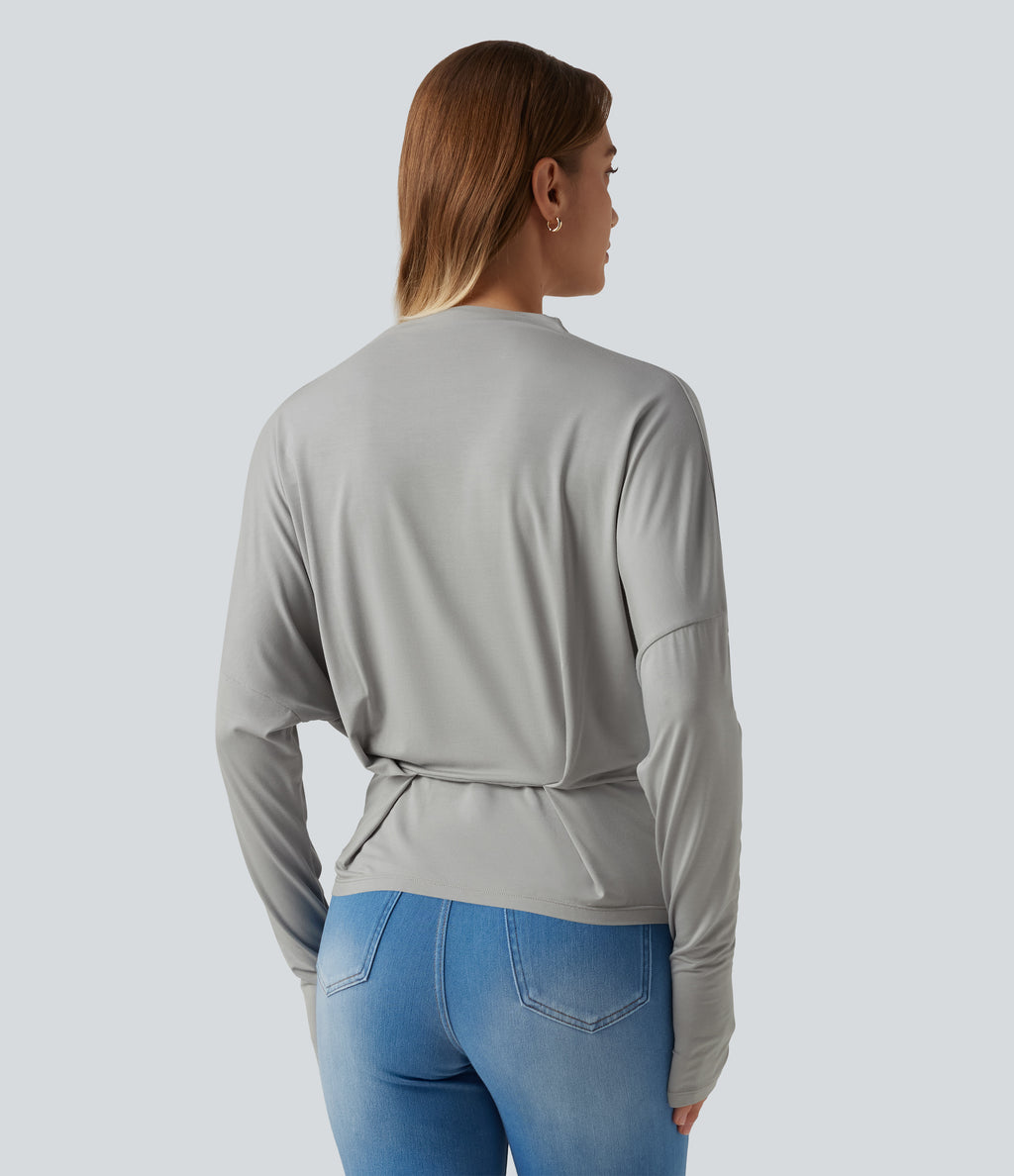 Cowl Neck Long Sleeve Dropped Shoulder Thumb Hole Relaxed Casual Top — Gray Violet — view 2