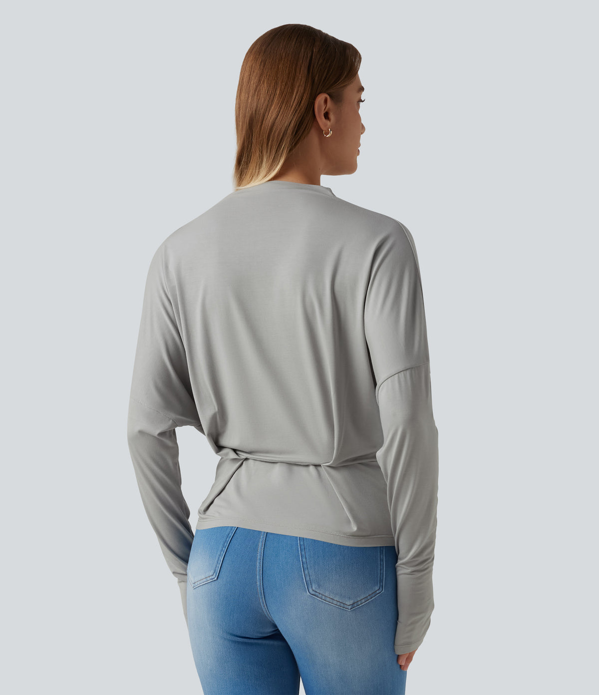 Cowl Neck Long Sleeve Dropped Shoulder Thumb Hole Relaxed Casual Top — Gray Violet — view 2