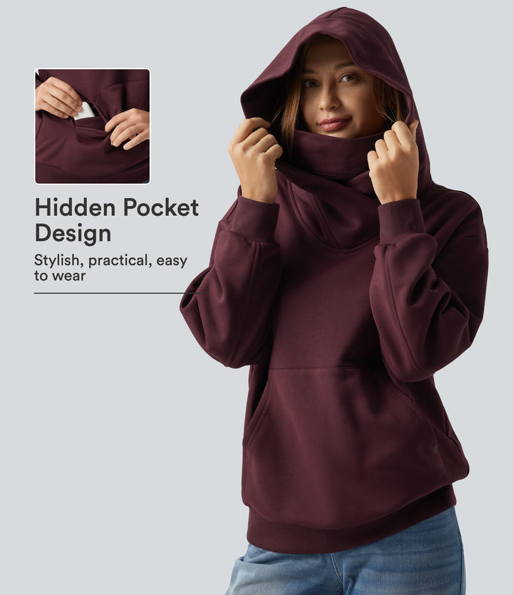 Hooded Crossover Dropped Long Sleeve Fleece Casual Sweatshirt with Pocket — Chocolate Truffle — view 1